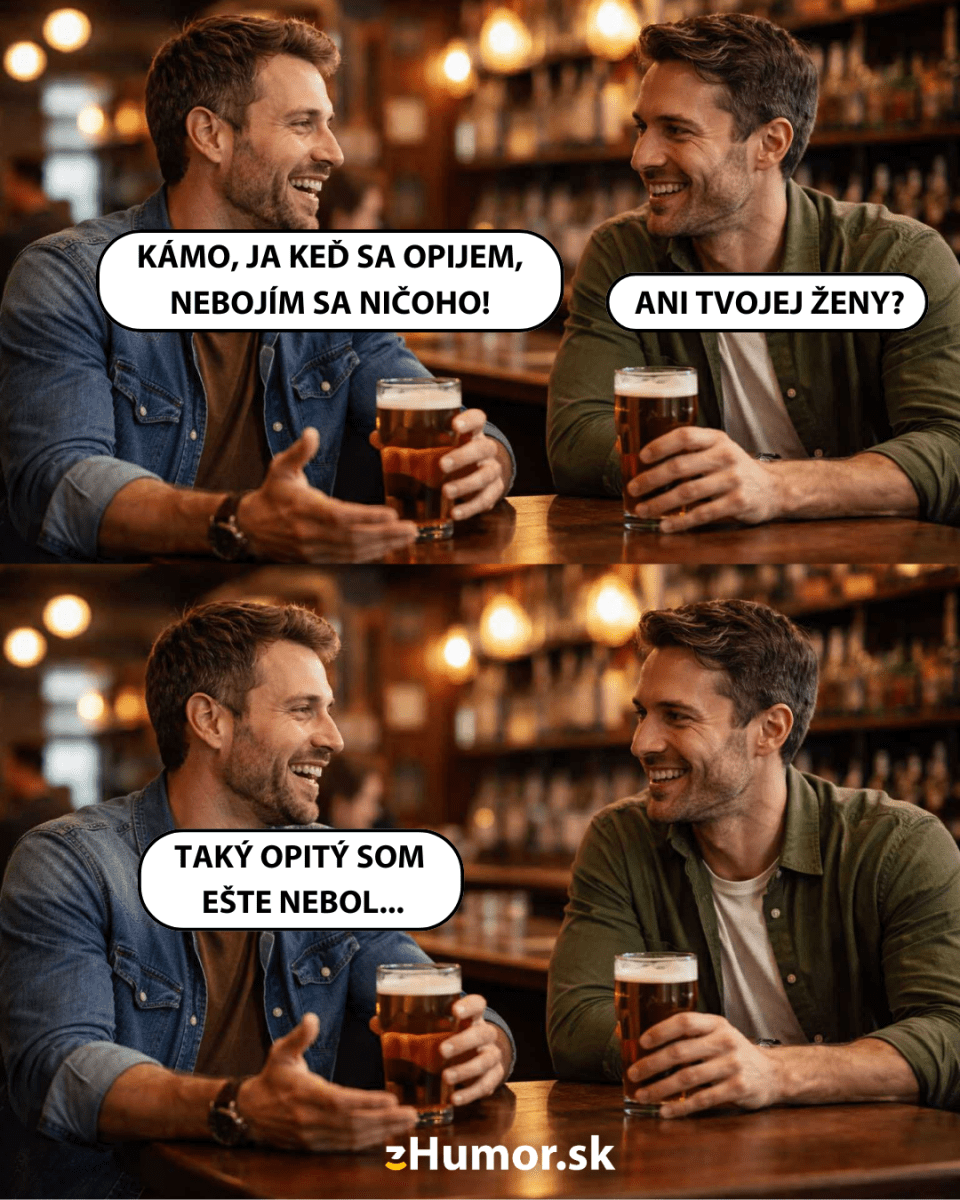 Dvaja muži s pivom v ruke žartujú v bare o statočnosti a manželkinho rešpektu.