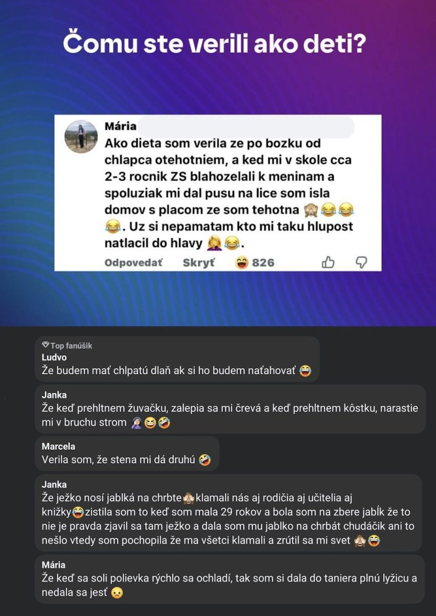 Odpovede ľudí na otázku 'Čomu ste verili ako deti?' na sociálnych sieťach s humornými príbehmi z detstva.