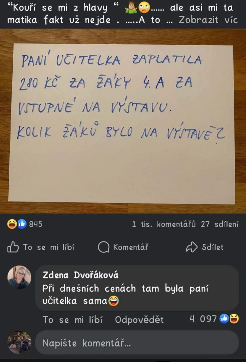Učiteľka zaplatila 280 Kč na vstupné pre triedu 4.A na výstavu. Koľko žiakov šlo na výstavu?