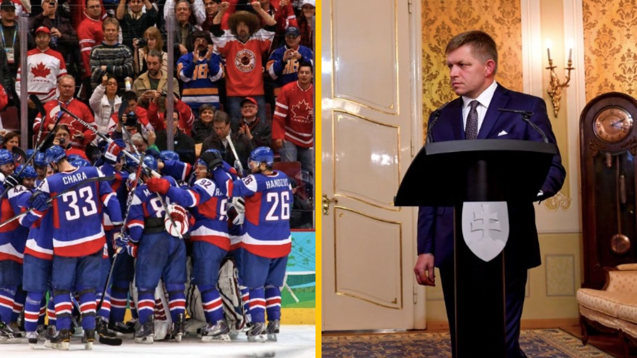 Slovenskí hokejisti oslavujú na ľade, vedľa politik v obleku pri rečníckom pulte s erbom Slovenska.