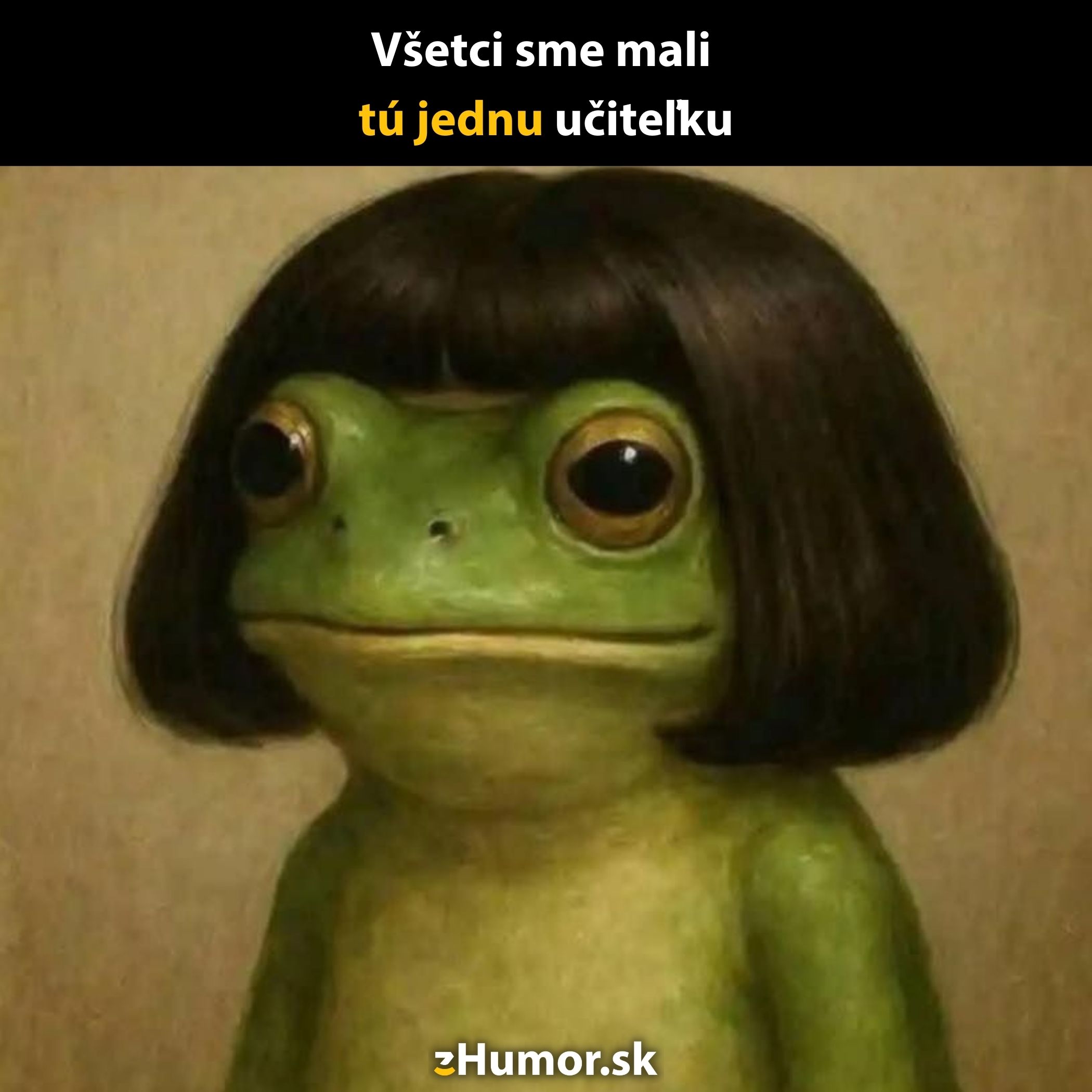 Žaba s parochňou, ktorá pripomína určitú učiteľku, s humorným textom Všetci sme mali tú jednu učiteľku.