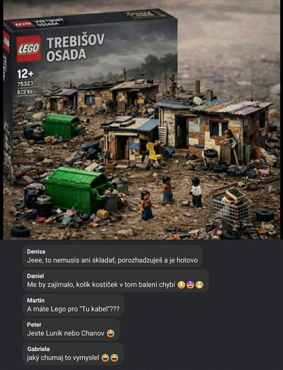Obrázok fiktívnej LEGO stavebnice Trebišov Osada s textovými komentármi zobrazujúcimi rôzne reakcie.