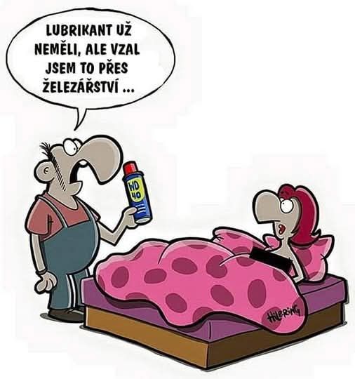 Karikatúra muža a ženy v posteli, muž držiaci plechovku WD-40 ako alternatívu lubrikantu.