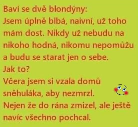 Vtipný text o blondíne, ktorá si vzala domov snehuliaka, aby nezamrzol, no snehuliak do rána zmizol a spôsobil problémy.