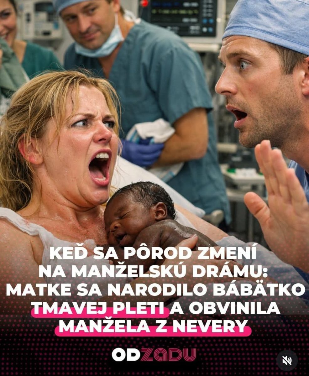 Rodička prekvapená po narodení dieťaťa, manželská dráma v nemocnici. Lekári asistujú pri pôrode, prekvapenie na tvári ženy.