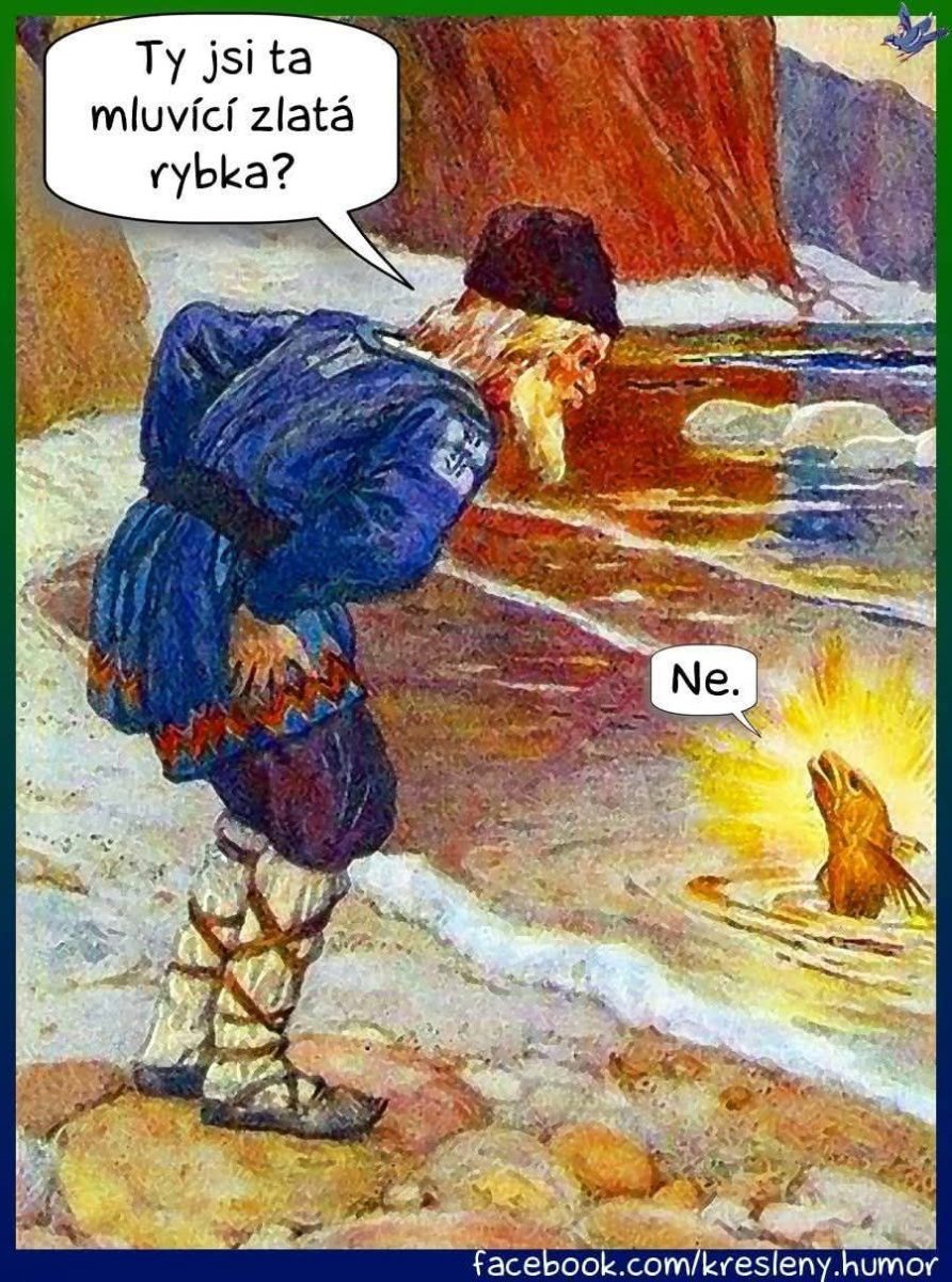 Muž hovorí so zlatou rybkou pri rieke, tá odpovedá Ne. Komiksová scénka s humorom pri vode.