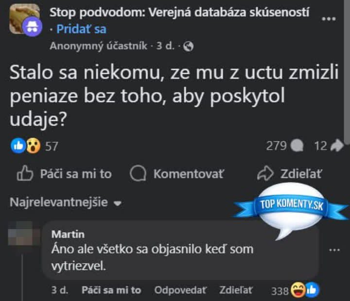 Konverzácia na sociálnej sieti o nevysvetliteľnom zmiznutí peňazí z účtu, humorne komentovaná.