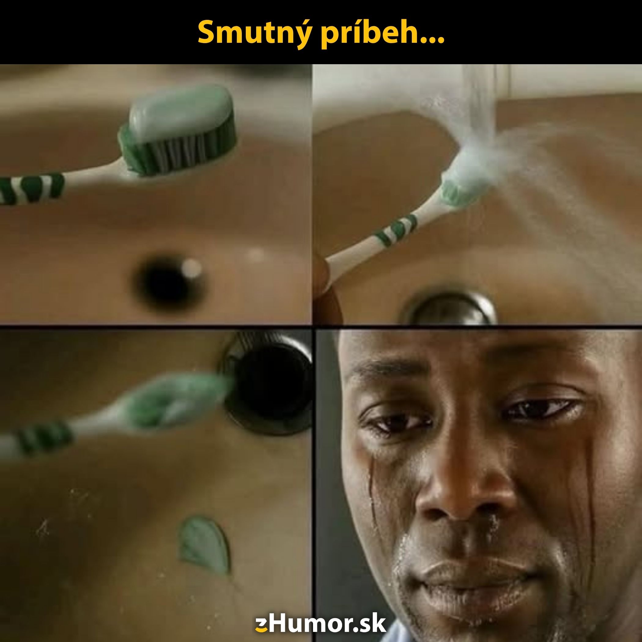 Zubná kefka so zubnou pastou padá do umývadla, muž smutne slzí.