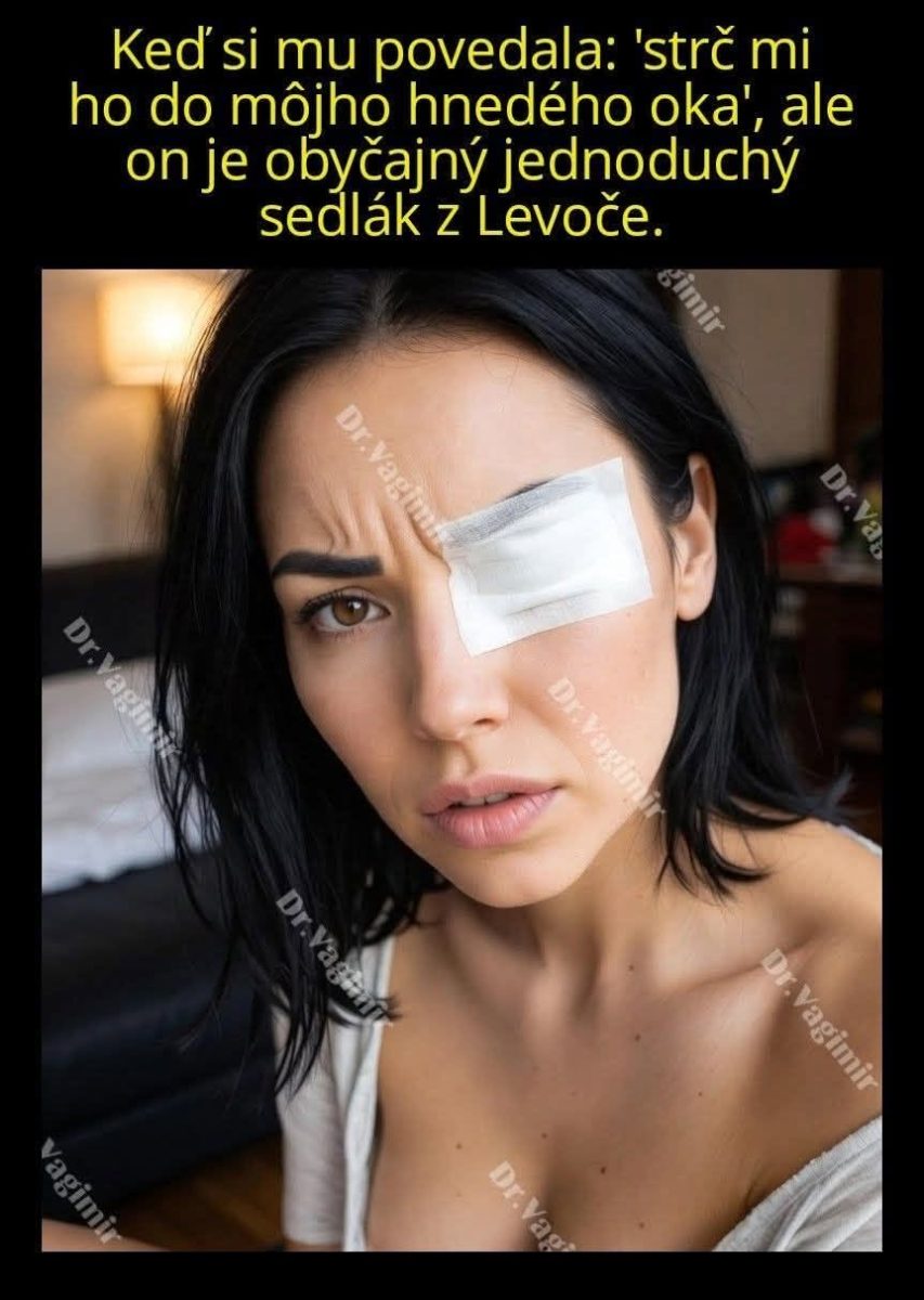 Žena s tmavými vlasmi a bielou náplasťou na oku, príbeh s humorom na pozadí.