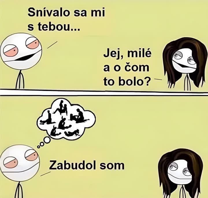 Dvaja ľudia sa rozprávajú o sne, muž ho zabudol. Vtipný obrázok s bublinou plnou zmiešaných postavičiek.