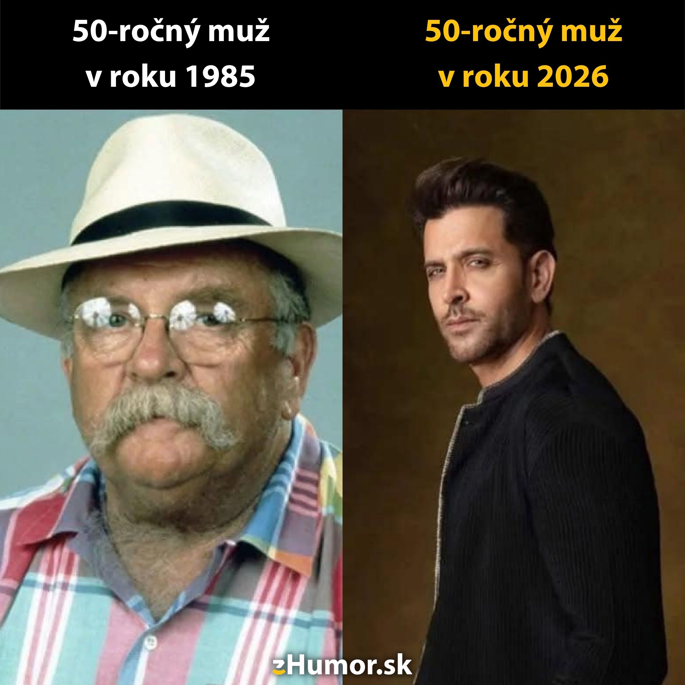 Dva portréty 50-ročných mužov: rozdiel v štýle medzi rokmi 1985 a 2026, humoristické porovnanie.