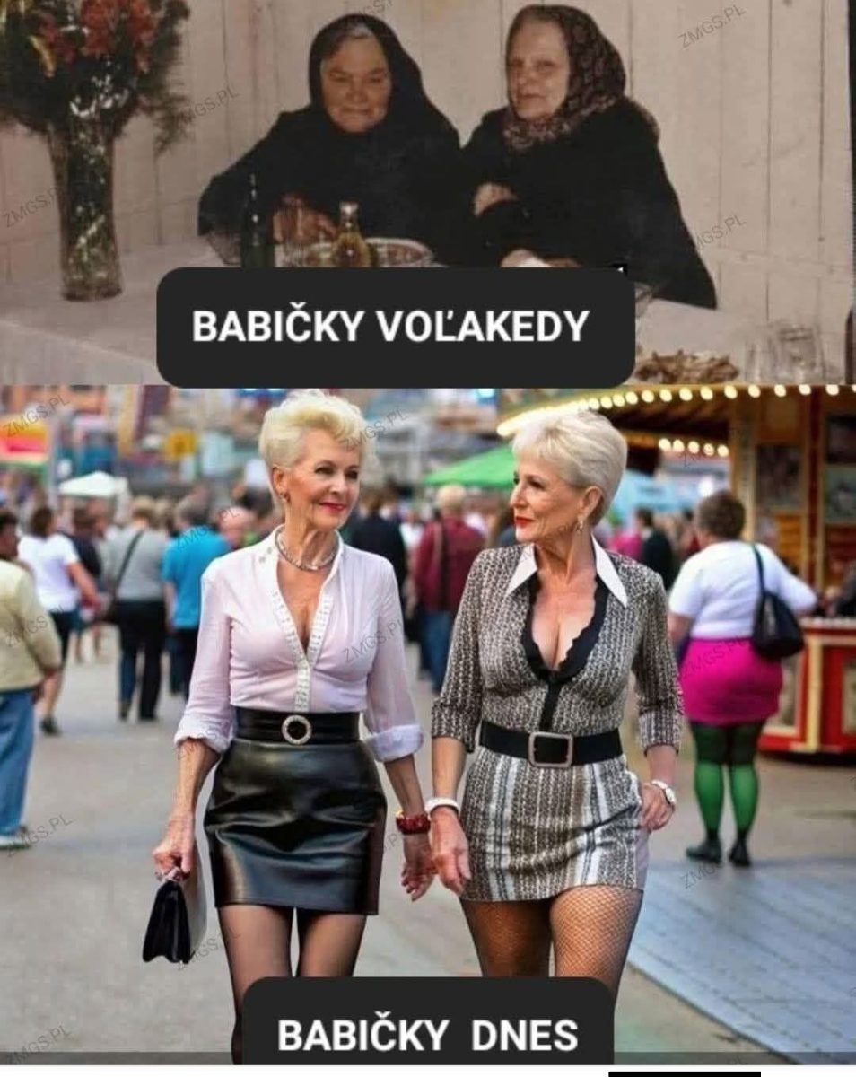 Dve fotografie babičiek: tradičné oblečenie kedysi a moderná móda teraz.