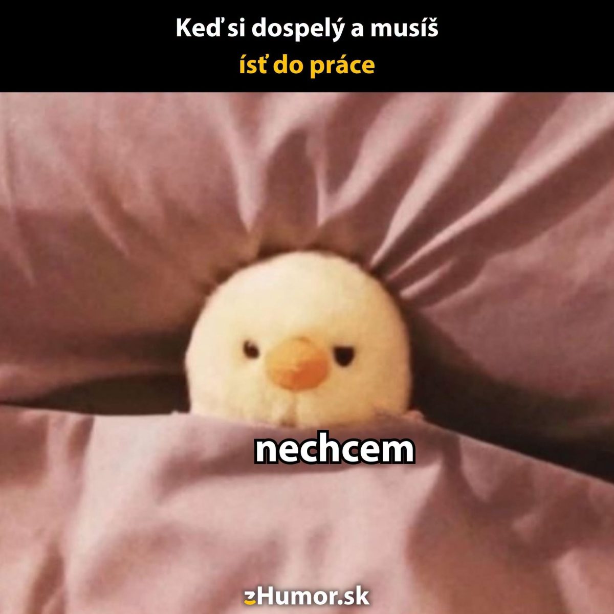 Plyšová hračka schovaná pod prikrývkou s textom: Keď si dospelý a musíš ísť do práce - nechcem.