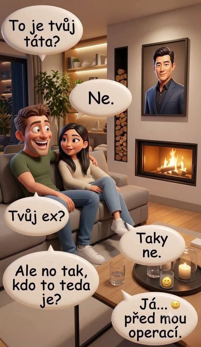 Dvojica sedí pri krbe, muž sa pýta na portrét muža na stene. Humorný rozhovor o vzhľade pred operáciou.