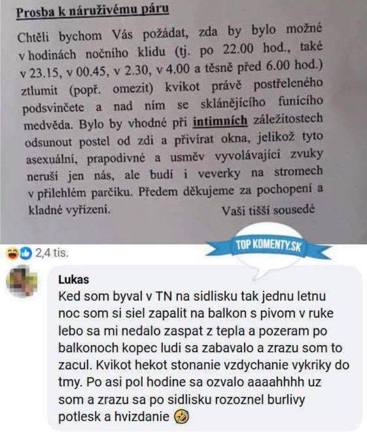 Žiadosť susedov o tichší nočný režim, vtipná komunikácia na sociálnej sieti, humor a susedské vzťahy.