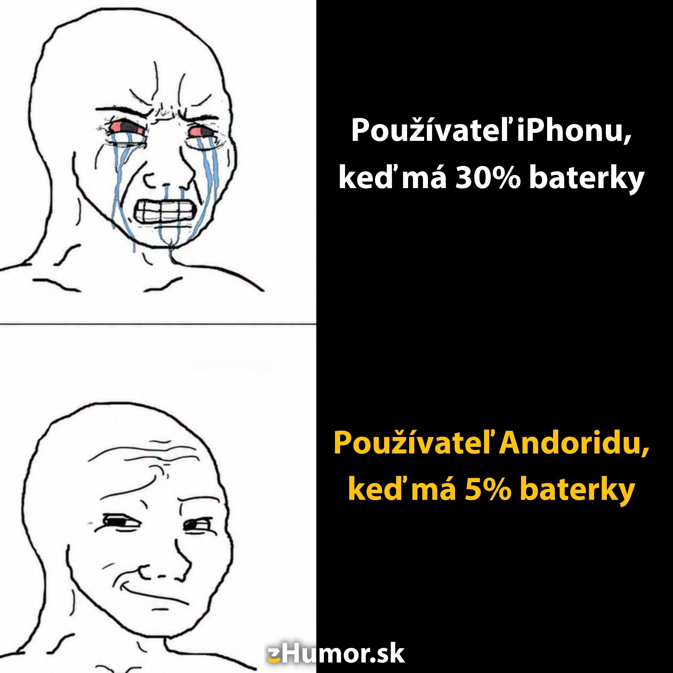 Používateľ iPhonu v panike pri 30 % batérie, zatiaľ čo používateľ Androidu je pokojný s 5 % batérie.