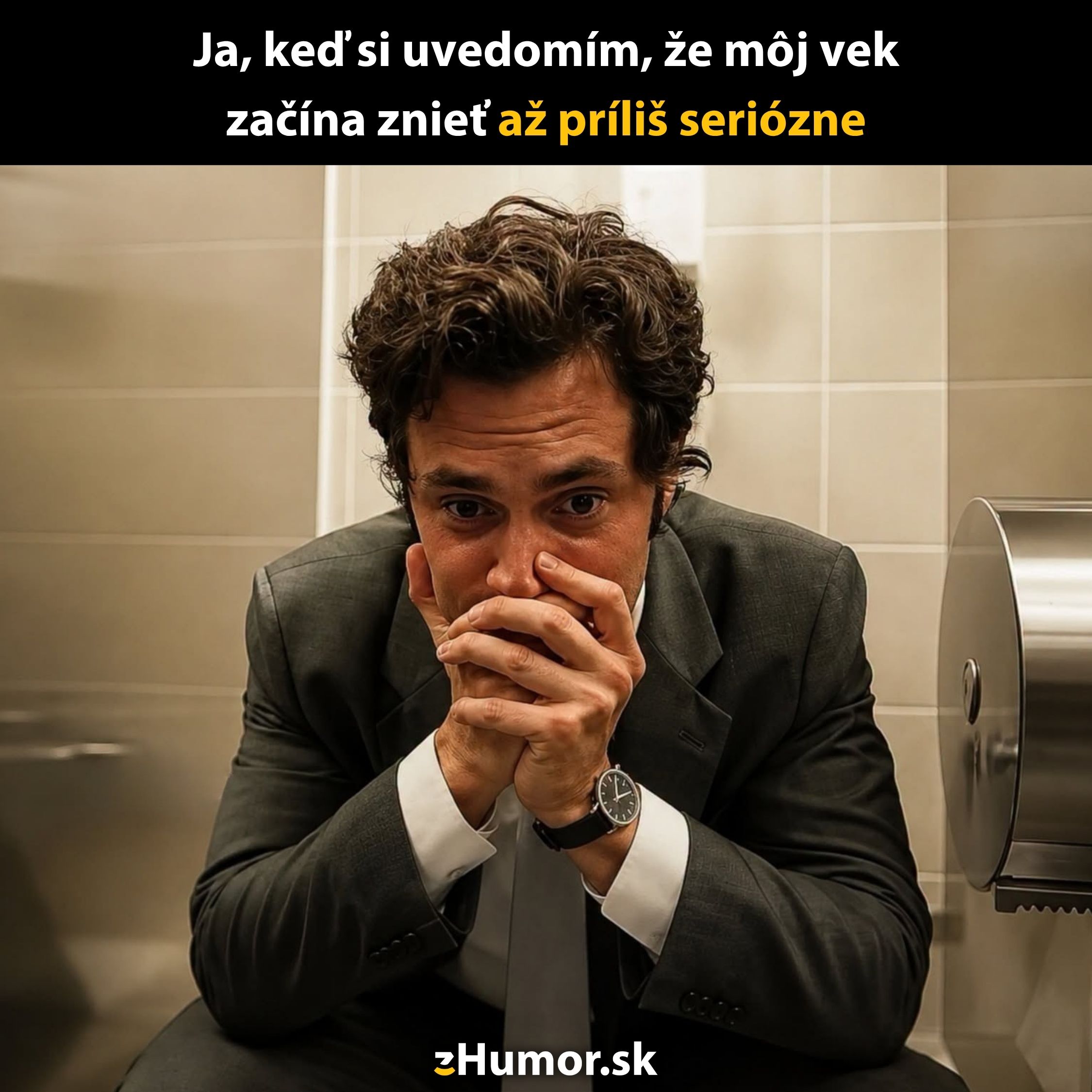 Muž v obleku sediaci na WC vyzerá zamyslene a zamračene v štýle kancelárskeho humoru.
