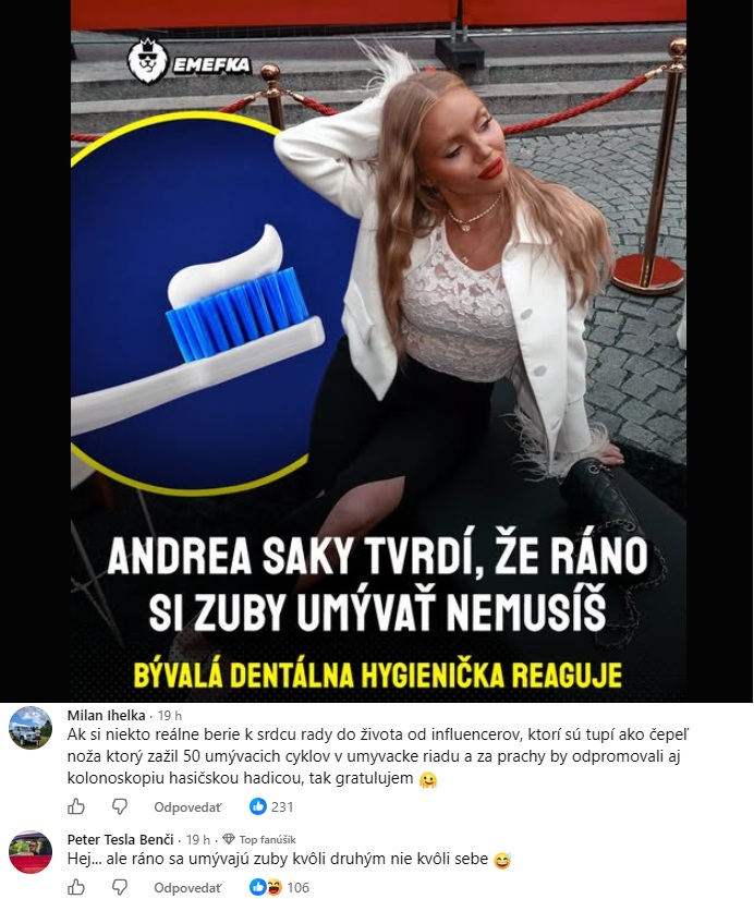 Žena sedí na schodoch; vedľa je zubná kefka. Text tvrdí, že ráno si zuby neumývať nevadí. Bývala dentálna hygienička reaguje.
