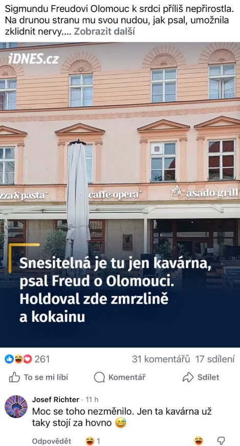 Kaviareň v Olomouci spomínaná Freuda, známa kombináciou pokrmov a nápojov, má historickú súvislosť s nervami.