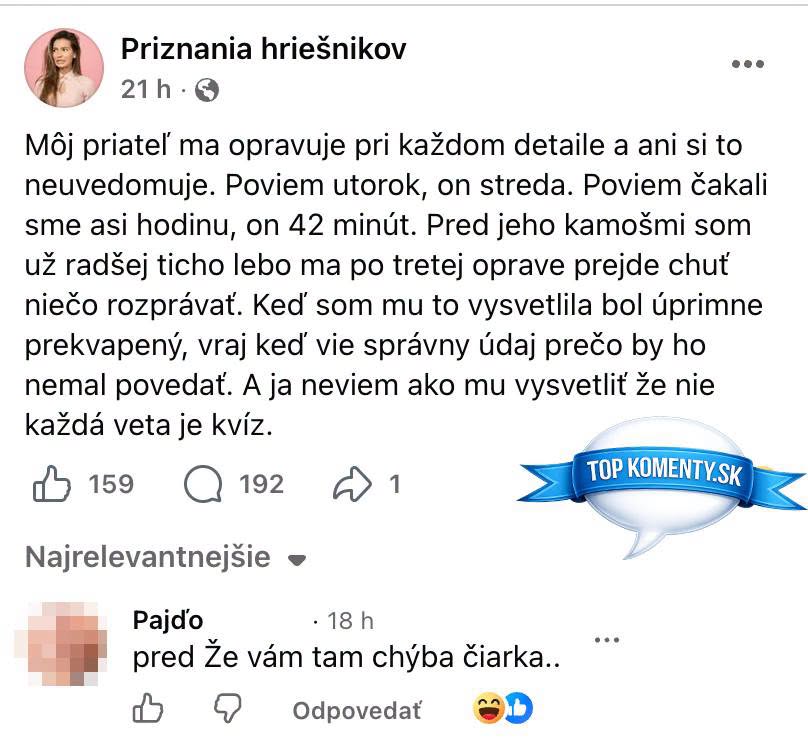 Osobný príspevok na Facebooku o priateľovi, ktorý neustále opravuje menšie detaily v konverzáciách.