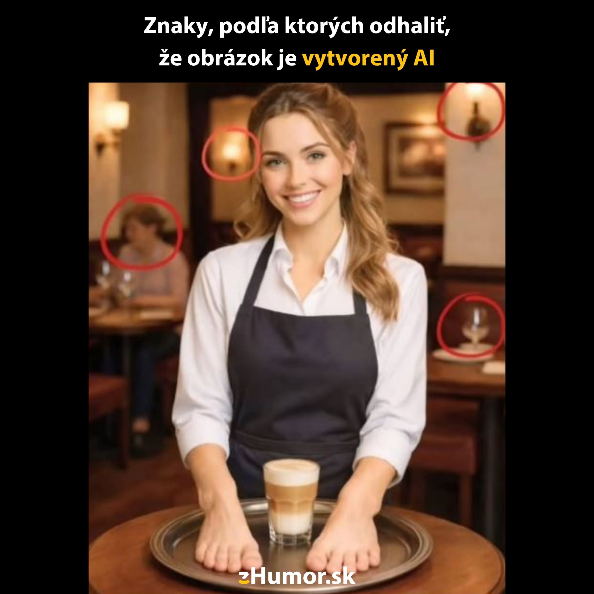 Obsluha v kaviarni s podnosom, detaily odhaľujú znaky AI tvorby, humorne zvýraznené chybné miesta.