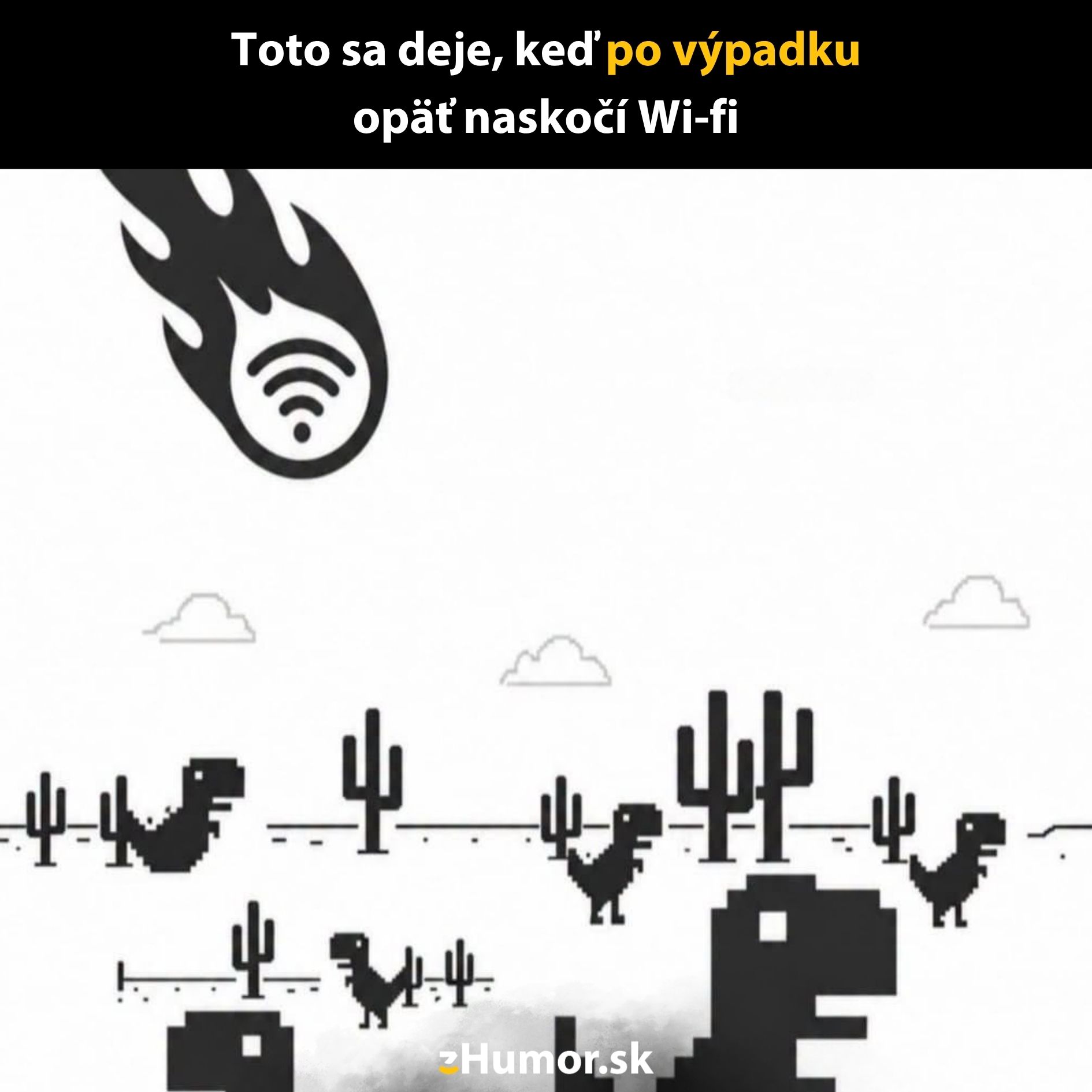 Hra s dinom: internet opäť online, Wi-Fi ako padajúci meteorit medzi dinosaurov v púšti.