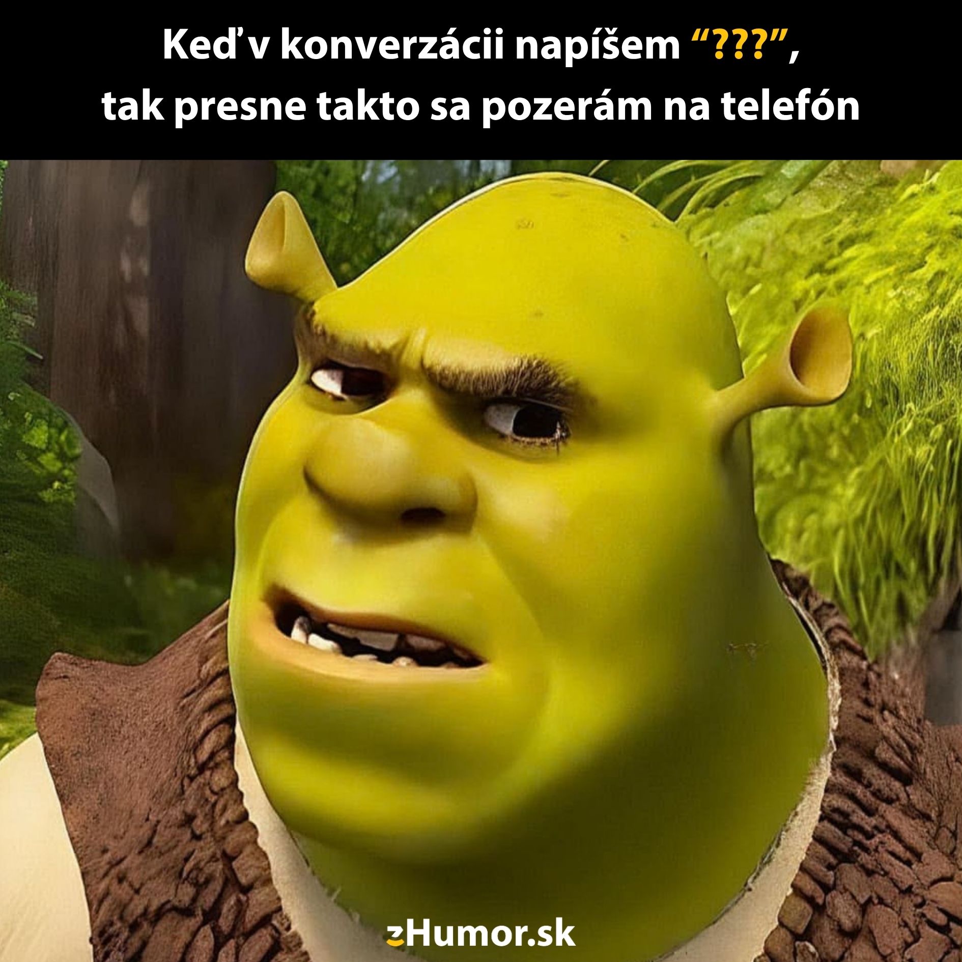 Kreslená postavička s vtipným výrazom a textom o reakcii na správy pri pohľade na telefón. Humor.sk logo v rohu.