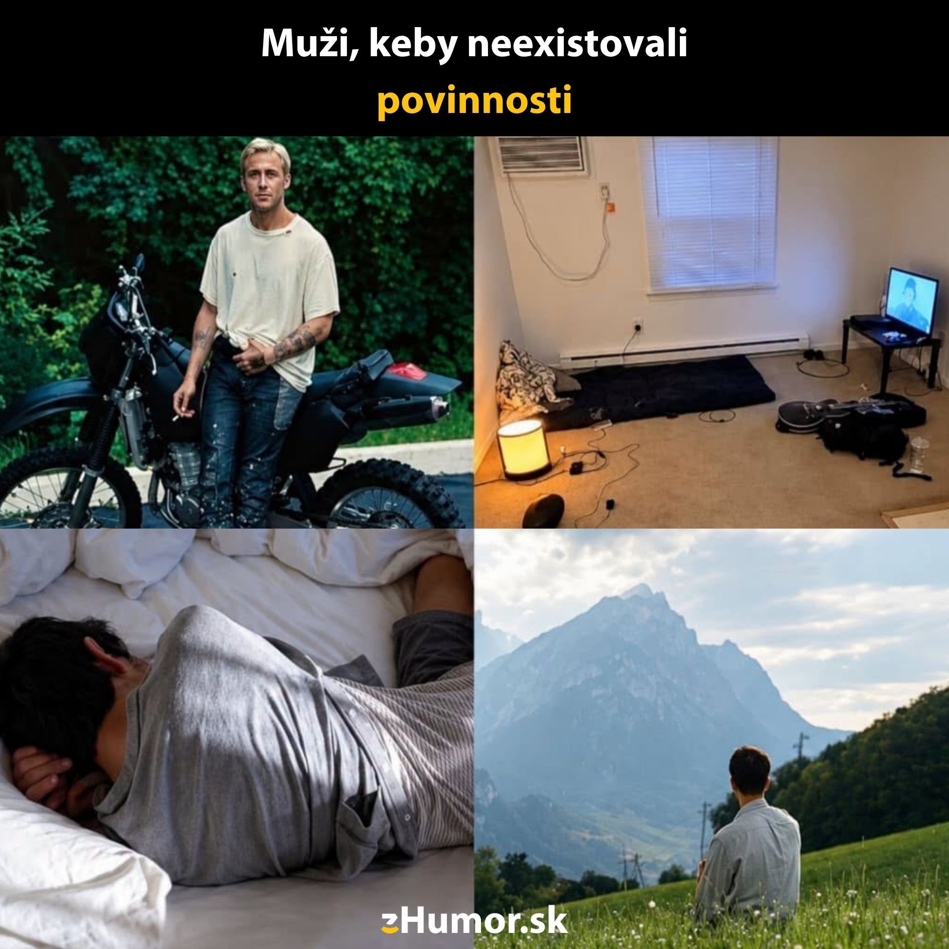 Muži bez povinností: motorka, prázdna izba, spánok a relax v horách. Humor.sk