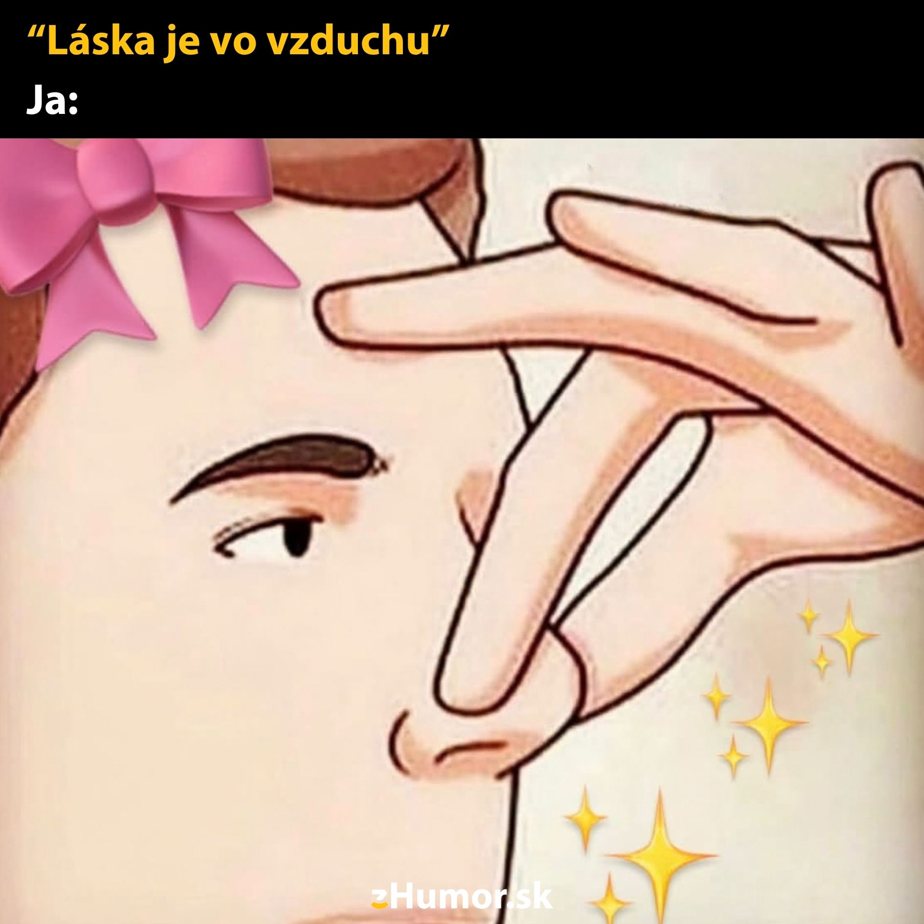 Ilustrácia muža so zatvoreným nosom s iróniou, v súvislosti s nápisom „Láska je vo vzduchu“.