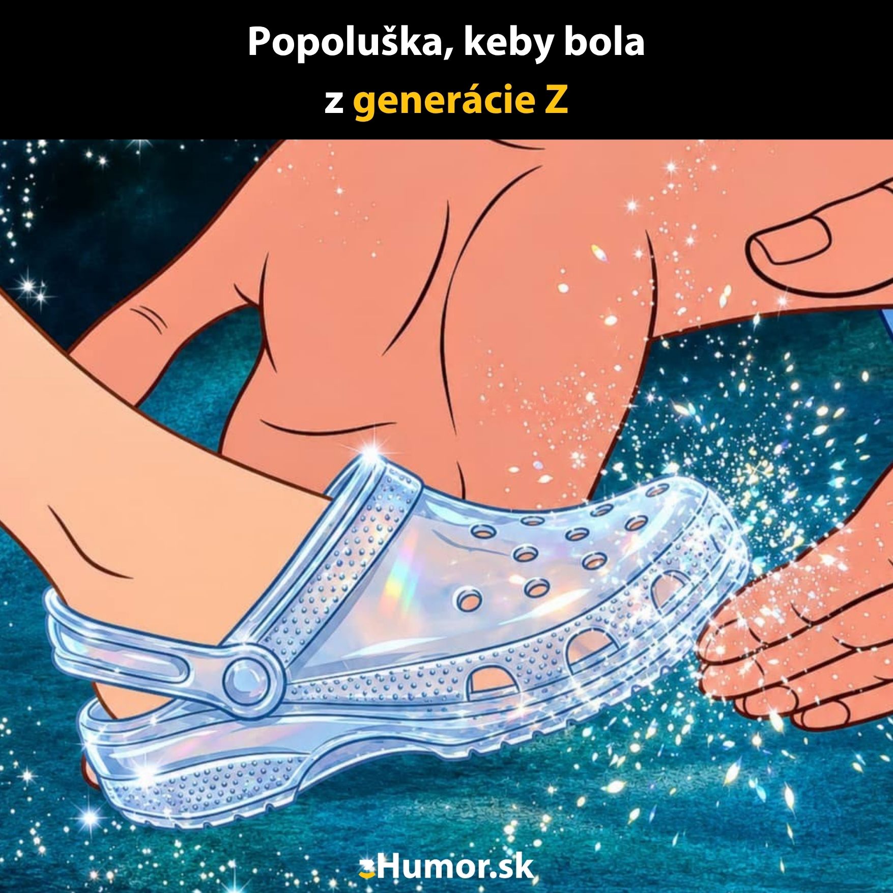 Popoluška z generácie Z skúša priesvitný obuv Crocs plný iskier na pozadí nočnej oblohy.