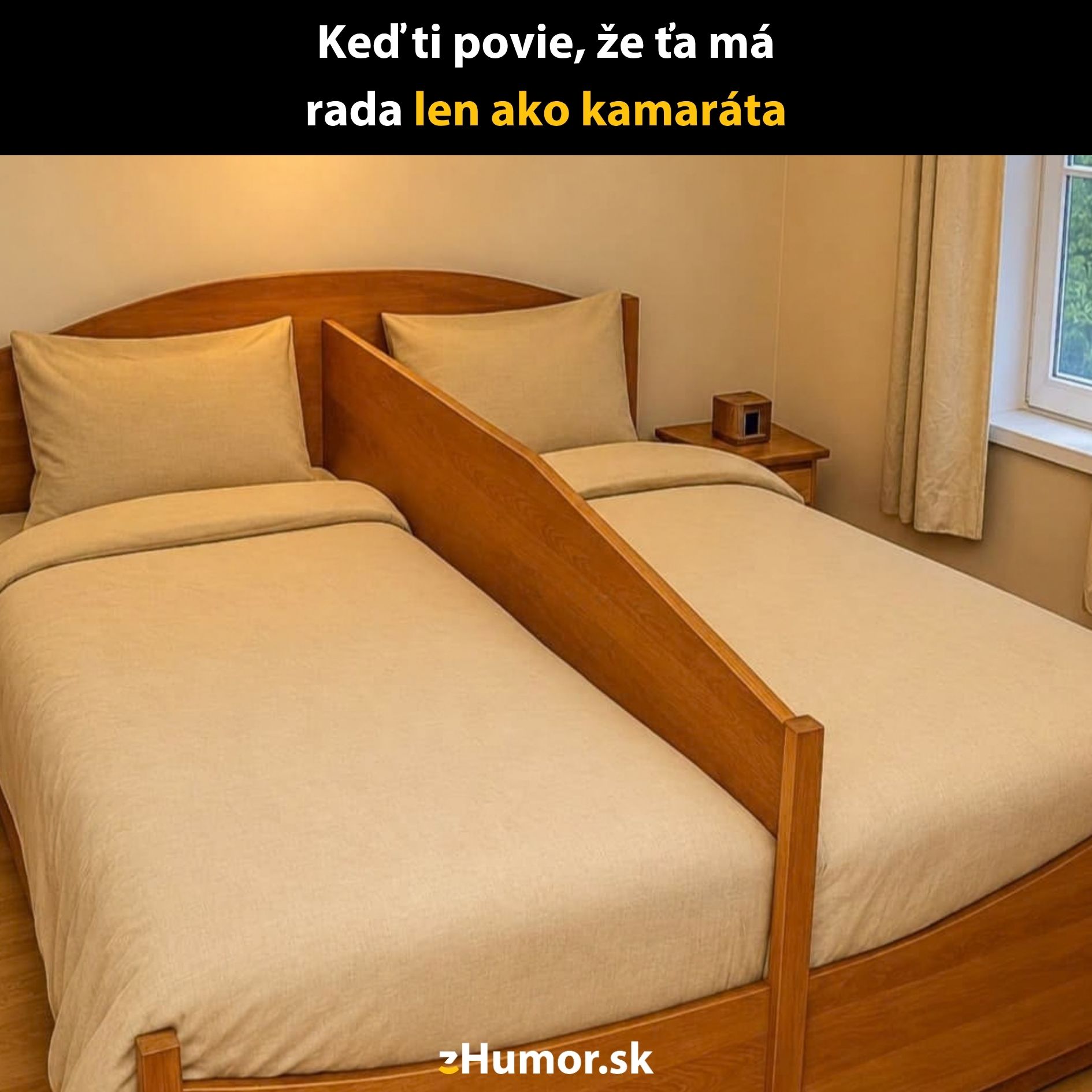 Dvojlôžko s drevenou priehradkou uprostred vtipne ilustruje kamarátstvo pohľadom do spálne.