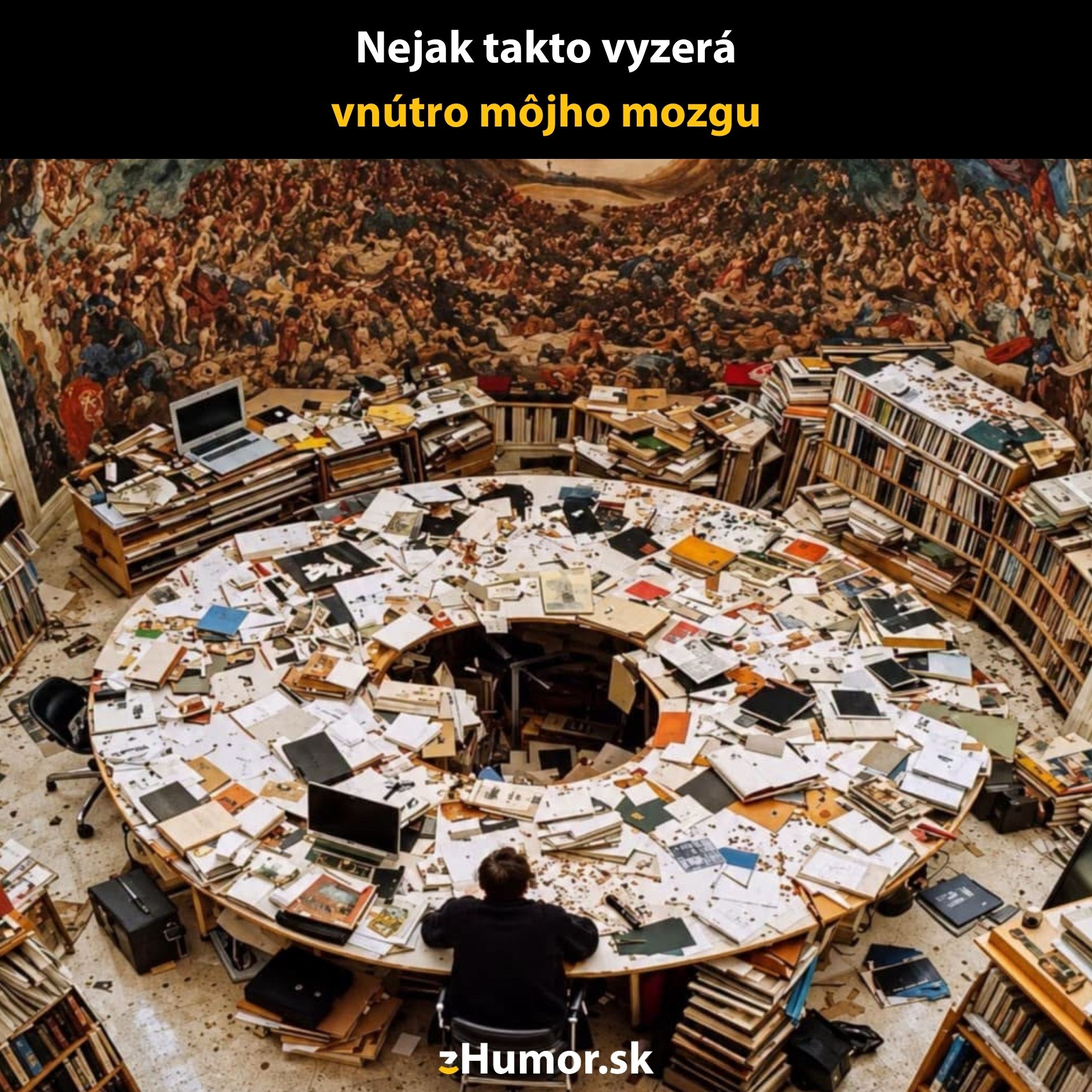 Chaotická knižnica s knihami a papiermi roztrúsenými po obrovskom okrúhlom stole.