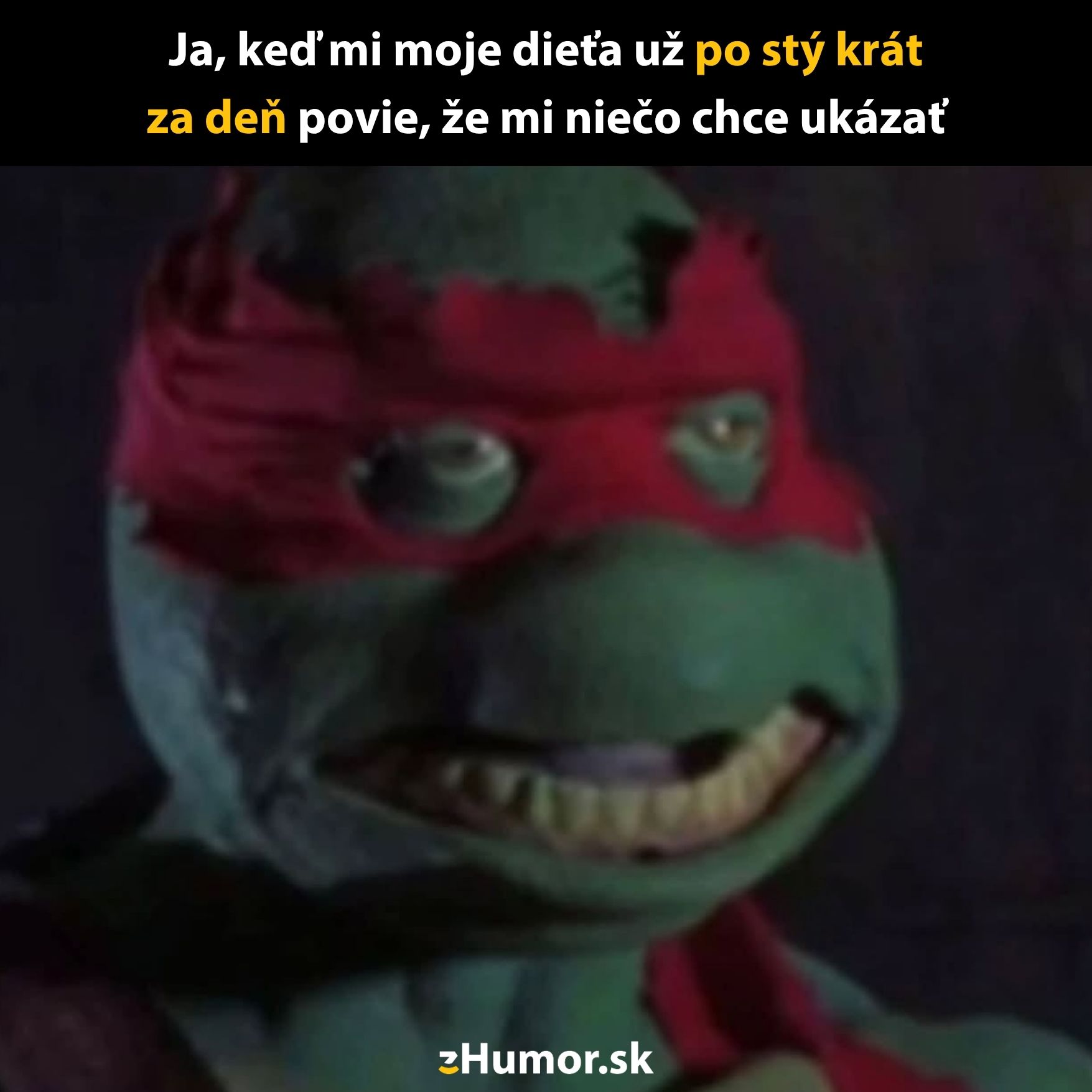 Korytnačka vo vtipnom výraze tváre s textom o opakovaných otázkach detí.