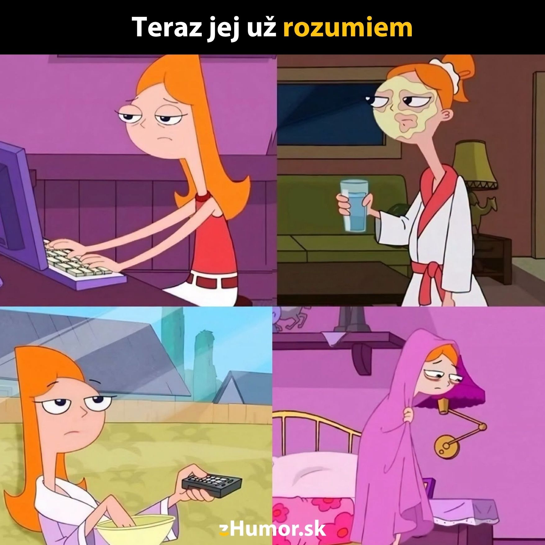 Postava pri počítači, s maskou na tvári, s ovládačom a pod dekou vyjadruje rôzne nálady počas dňa.