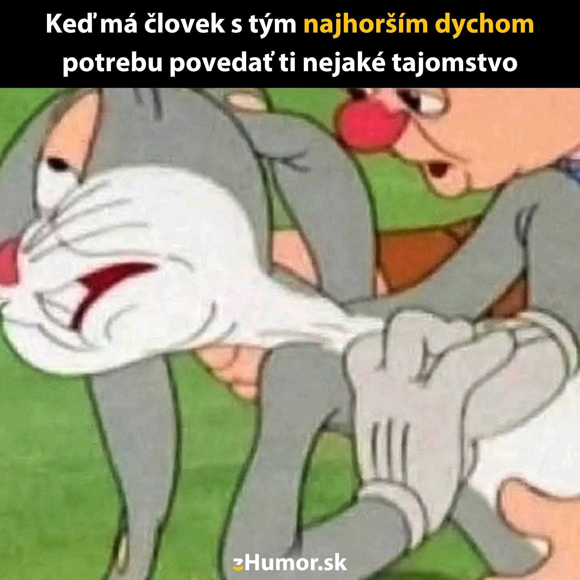 Kreslený humor: Zajac trpí kvôli zlému dychu človeka, ktorý mu chce povedať tajomstvo.