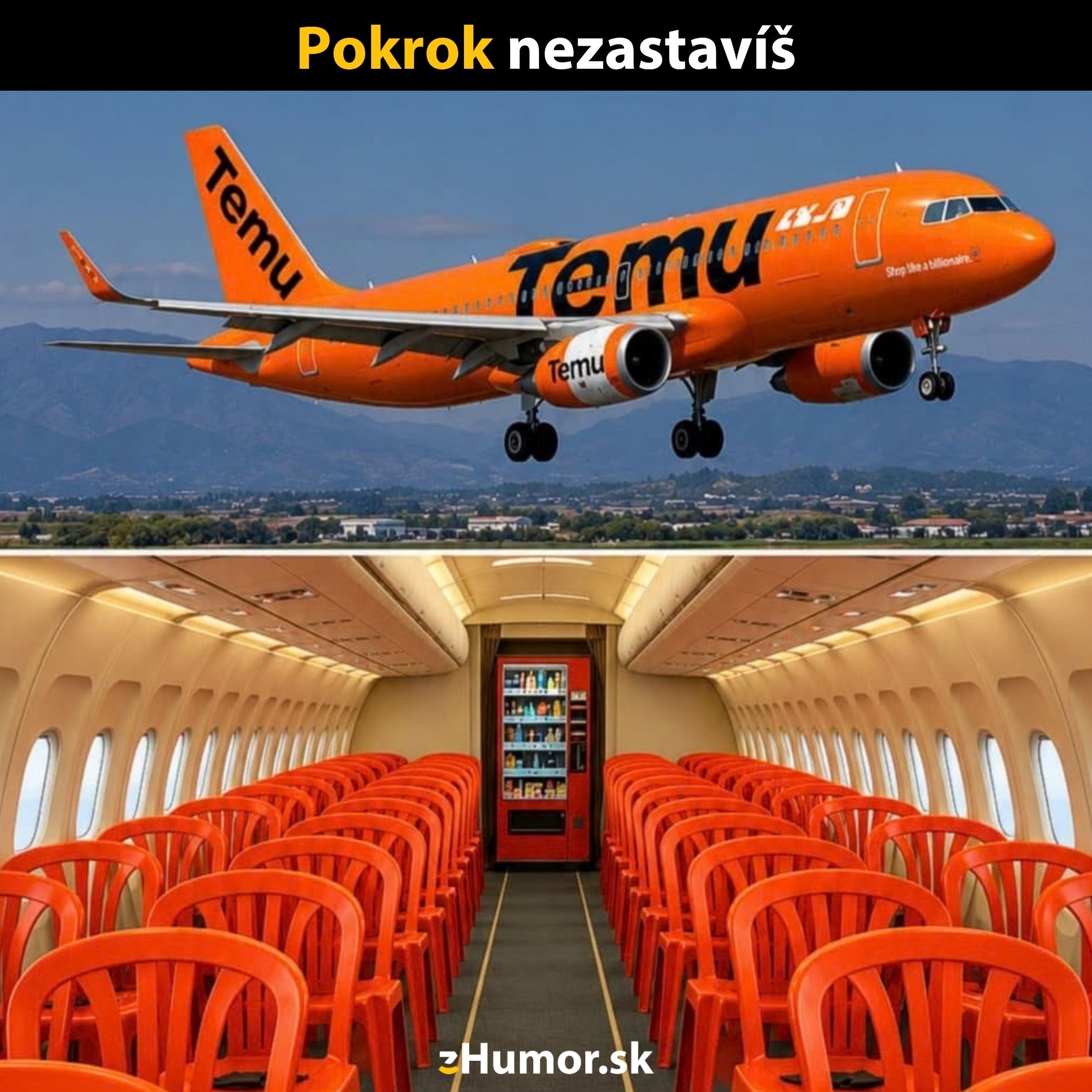 Oranžové lietadlo s logom Temu a neobvyklý interiér s plastovými stoličkami a automatom.