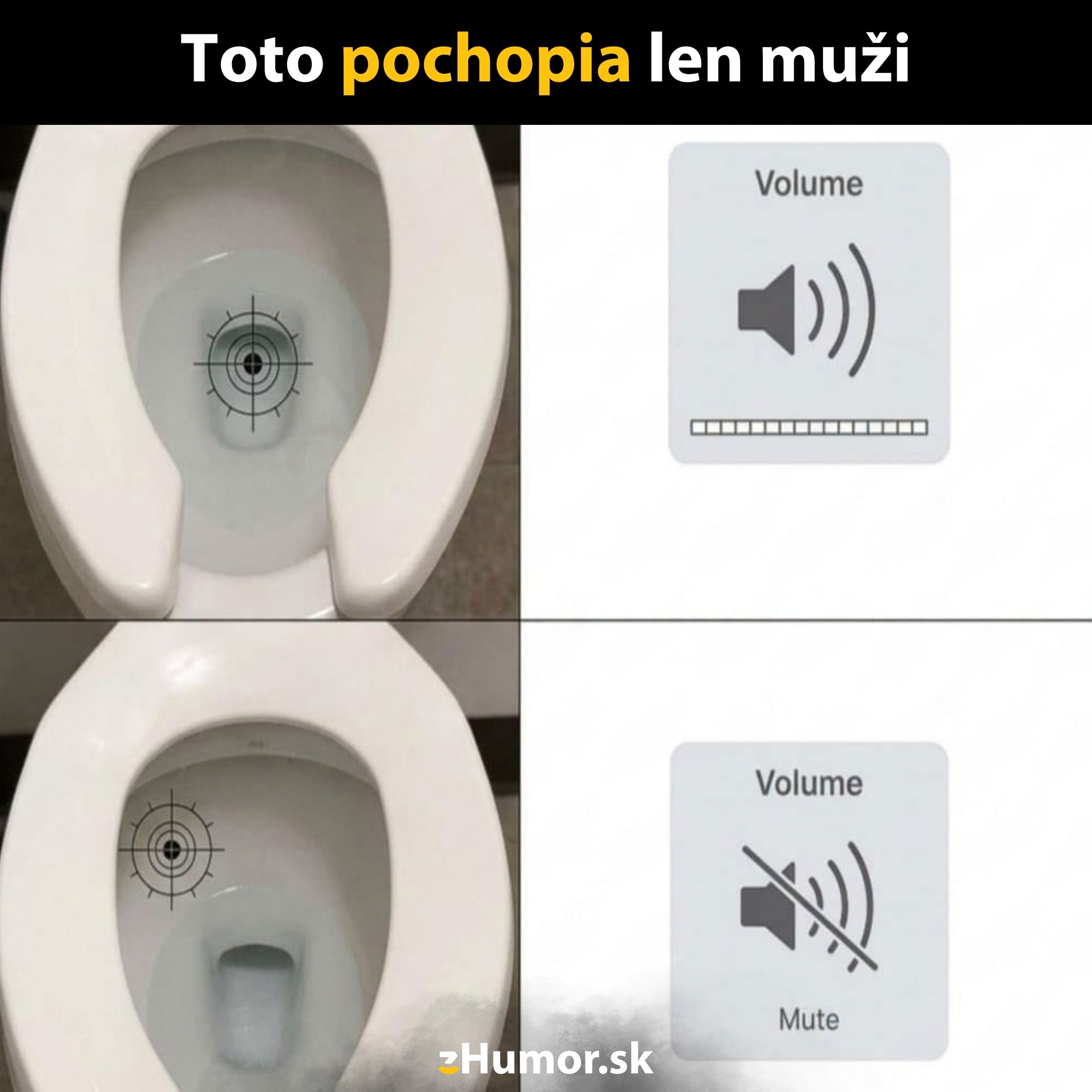 Toaleta s terčom a porovnaním hlasitosti; zvukový vtip.
