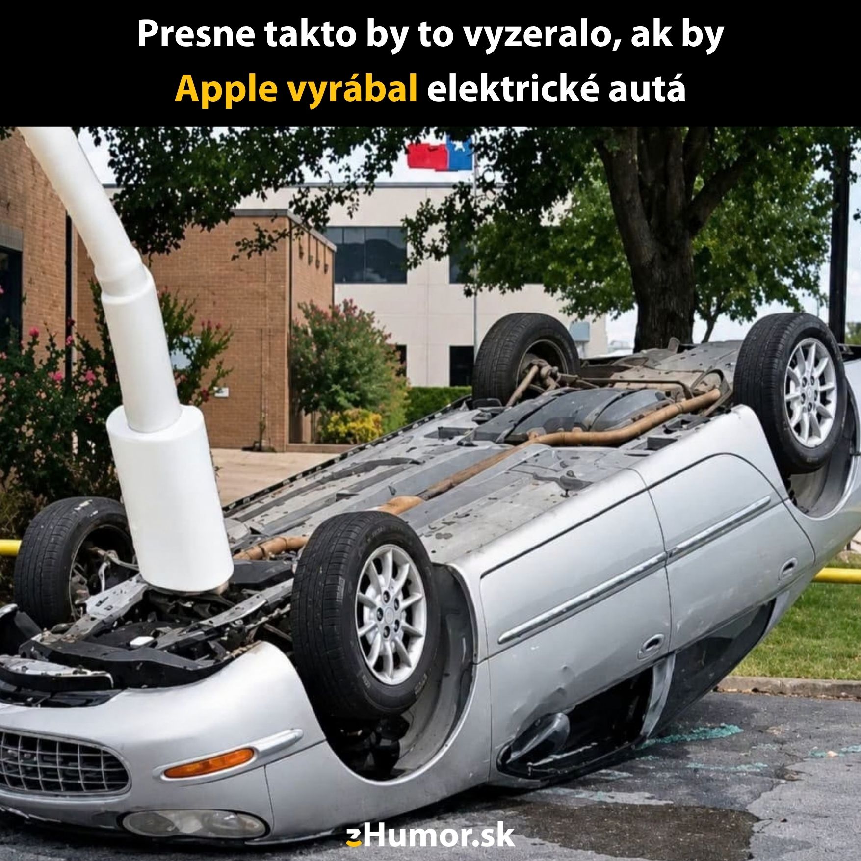Prevrátené auto nabité veľkou nabíjačkou, komická predstava Apple elektrického auta.