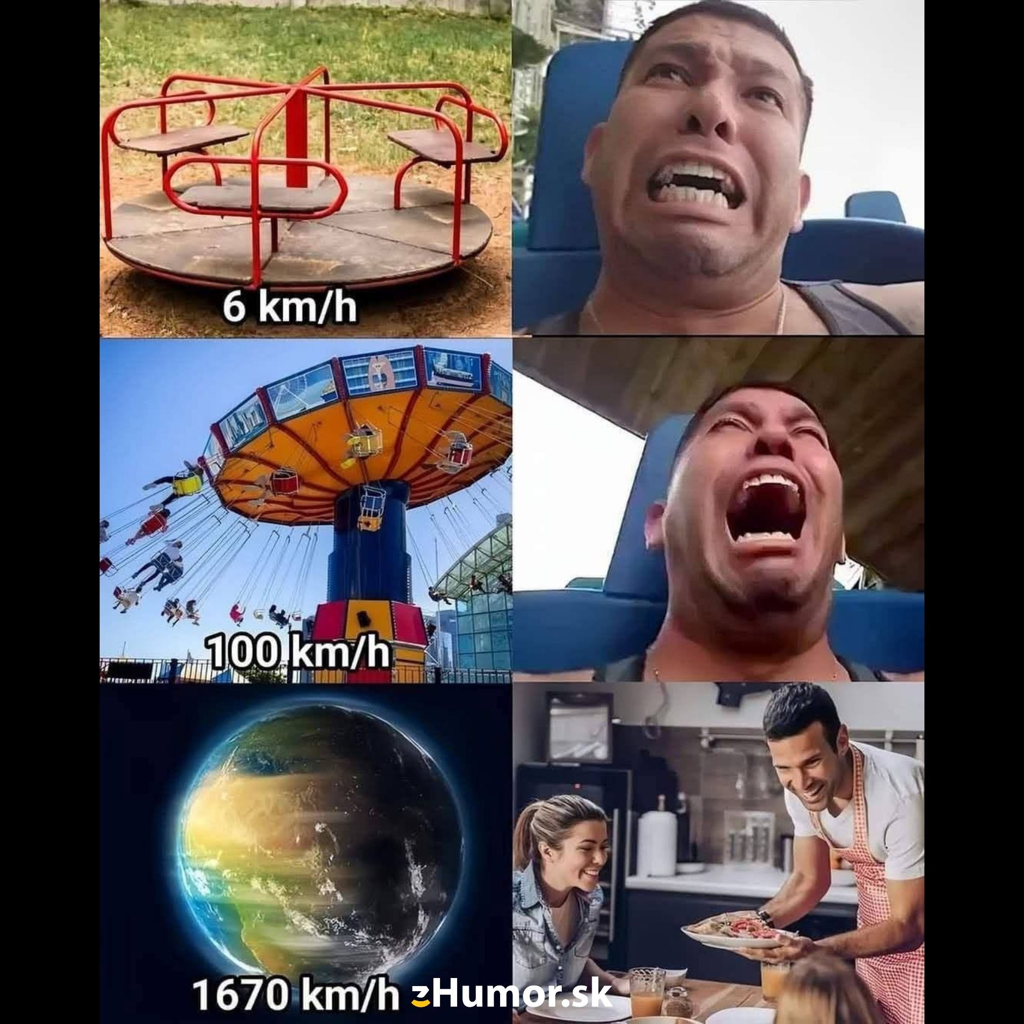 Kolotoče a reakcie na rýchlosť: 6 km/h, 100 km/h, 1670 km/h. Zábava a extrémne výrazy tváre.