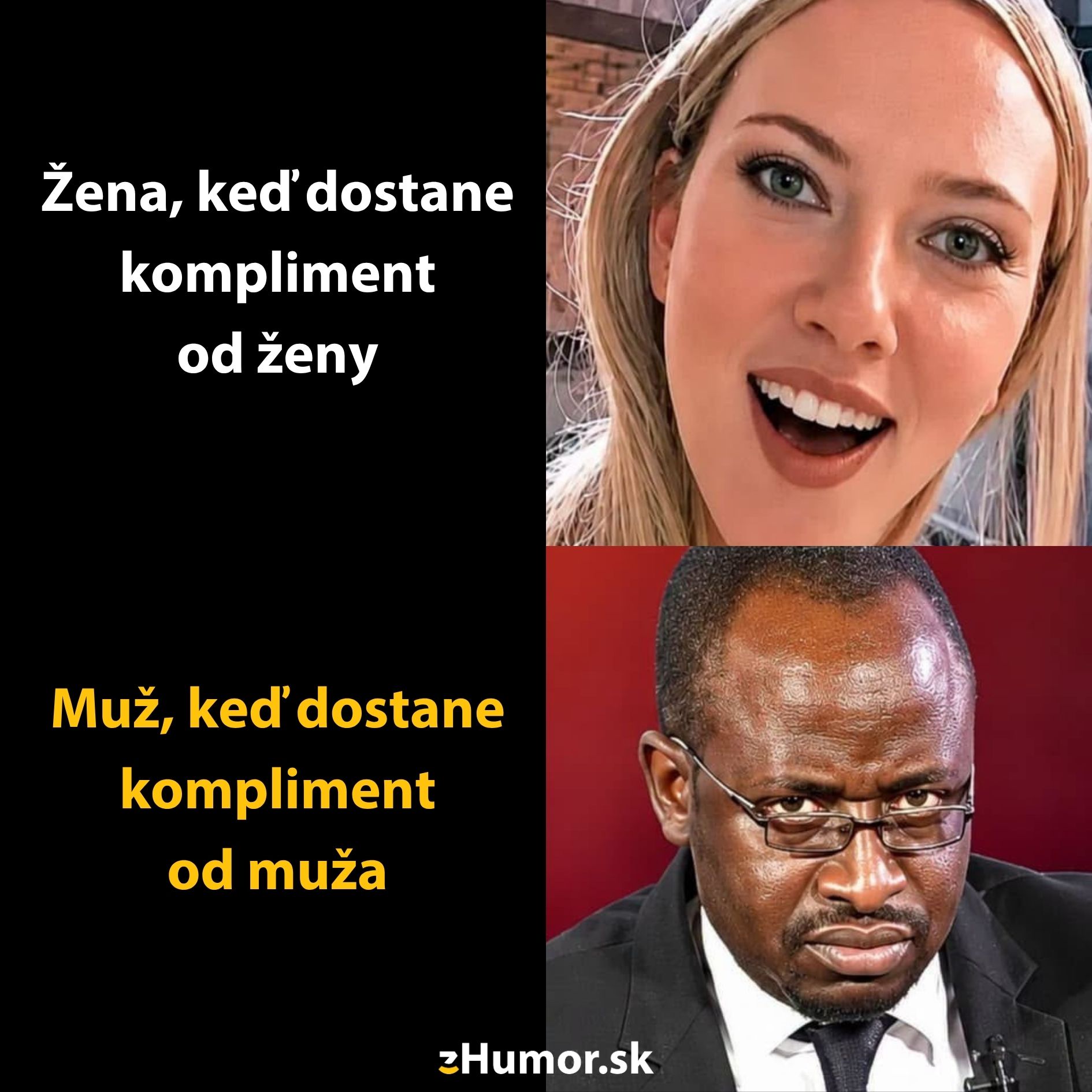 Žena a muž reagujú na kompliment od rovnakeho pohlavia, každý s odlišným výrazom tváre.