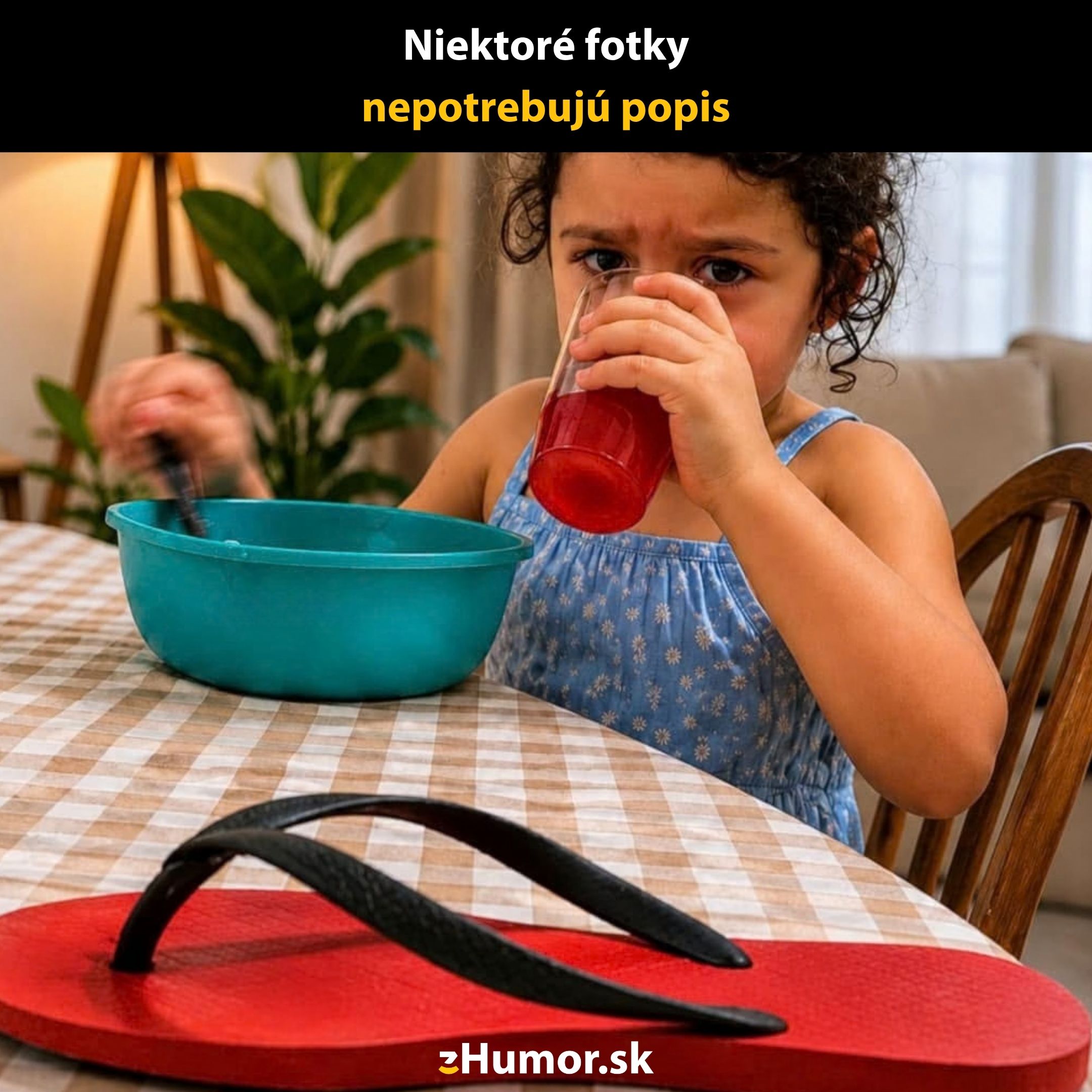 Dieťa pije nápoj a mieša v miske, zatiaľ čo na stole ležia žabky.