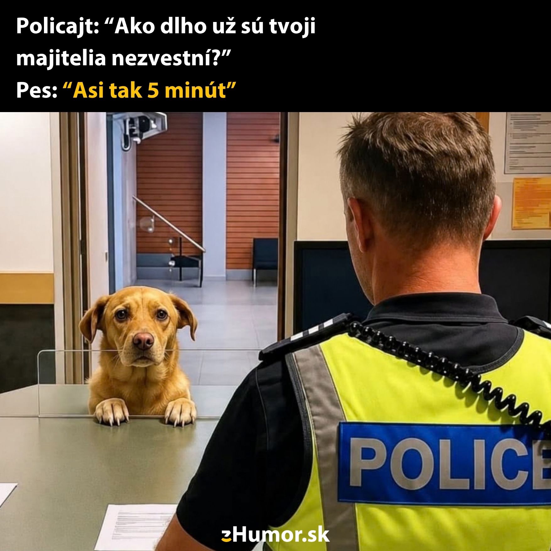 Pes pri policajnom pulte, vtipný dialóg medzi psom a policajtom o dobe neprítomnosti jeho majiteľov.