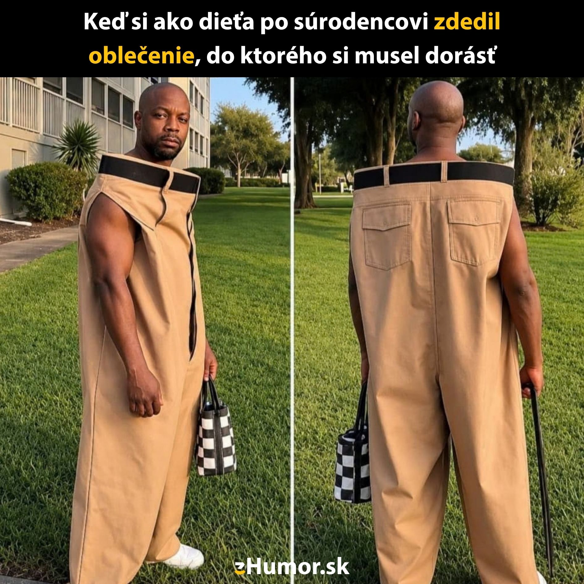 Muž v nadmernom oblečení stojí vonku s humoristickým výrazom.