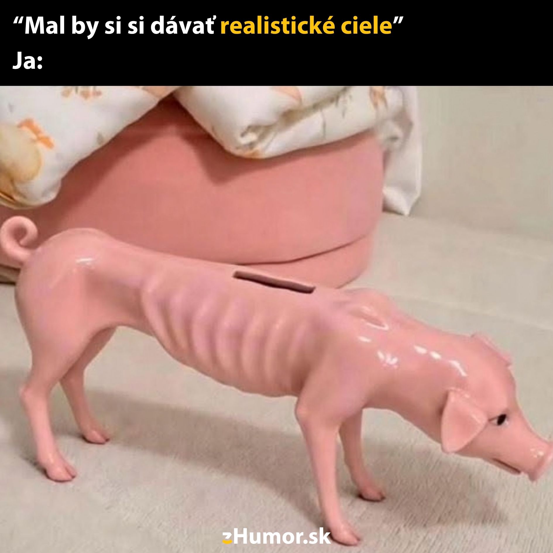 Prasiatko pokladnička na sporiacej ceste, zdobené vtipným nápisom o realistických cieľoch.