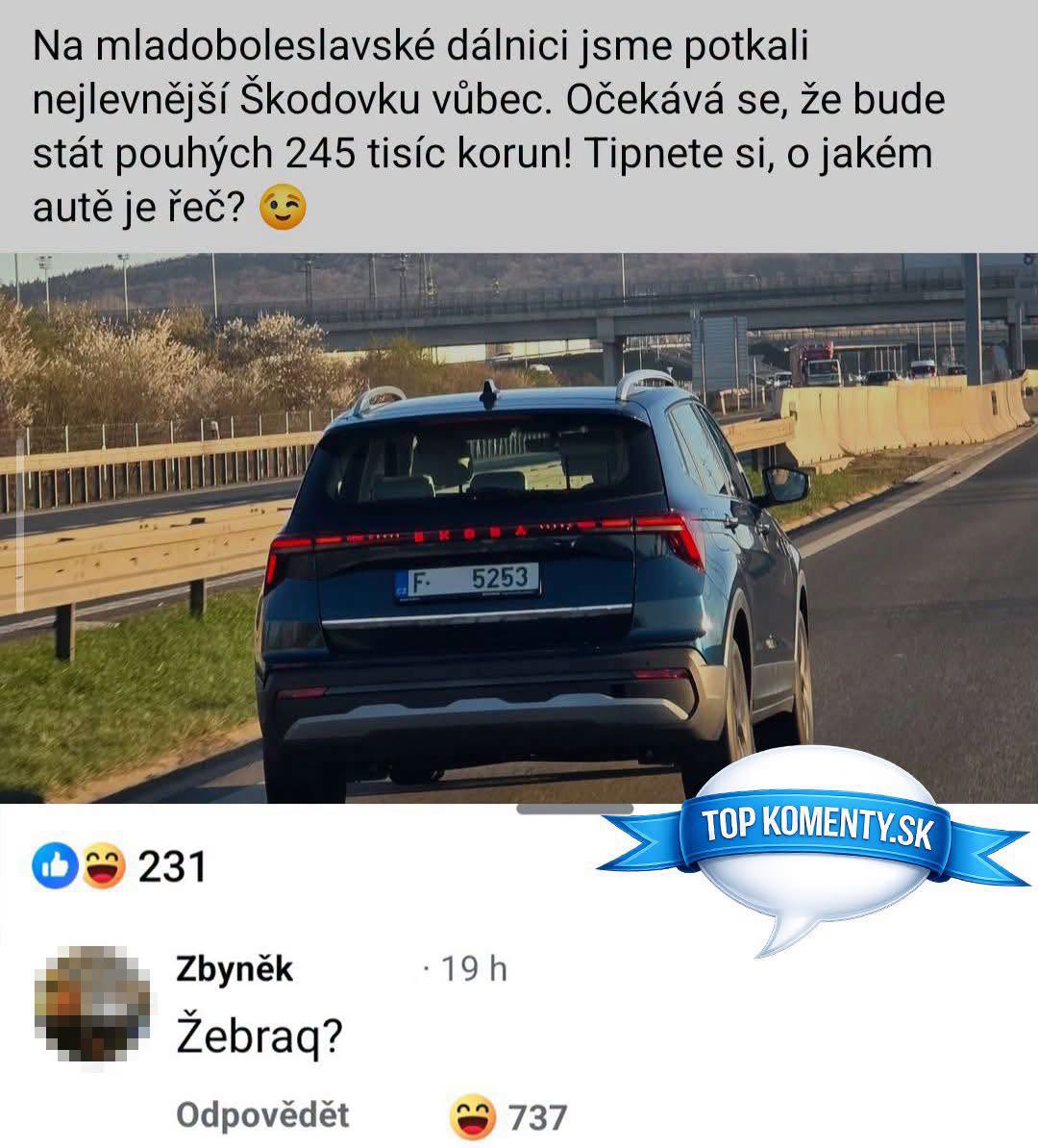 Auto na diaľnici s humornou poznámkou o cene. Diskusný príspevok obsahuje vtipnú hádanku.