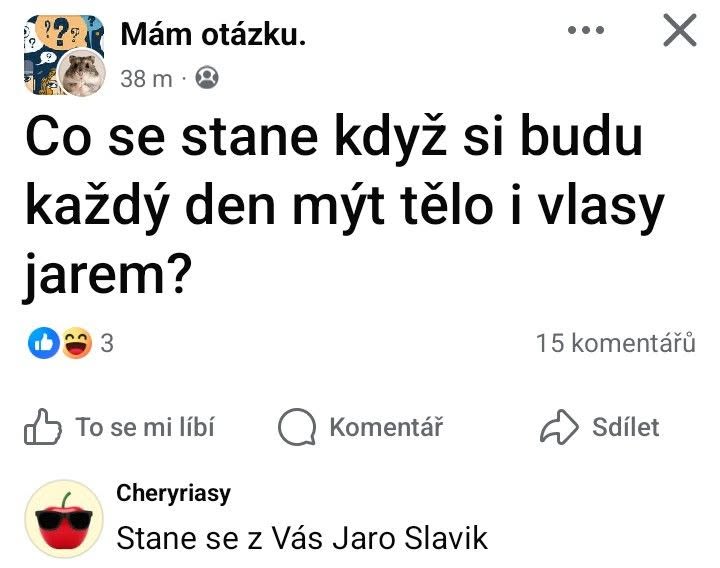 Otázka na Facebooku, čo sa stane, ak sa každý deň umývam JAR-om, s humornou odpoveďou.