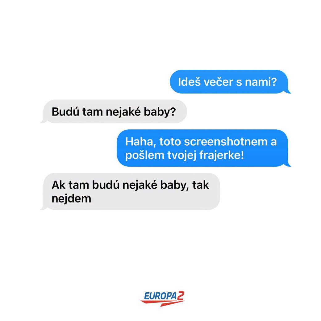 Humorná textová konverzácia o večernom výlete s kamarátmi a scénou s poznámkou pre frajerku.