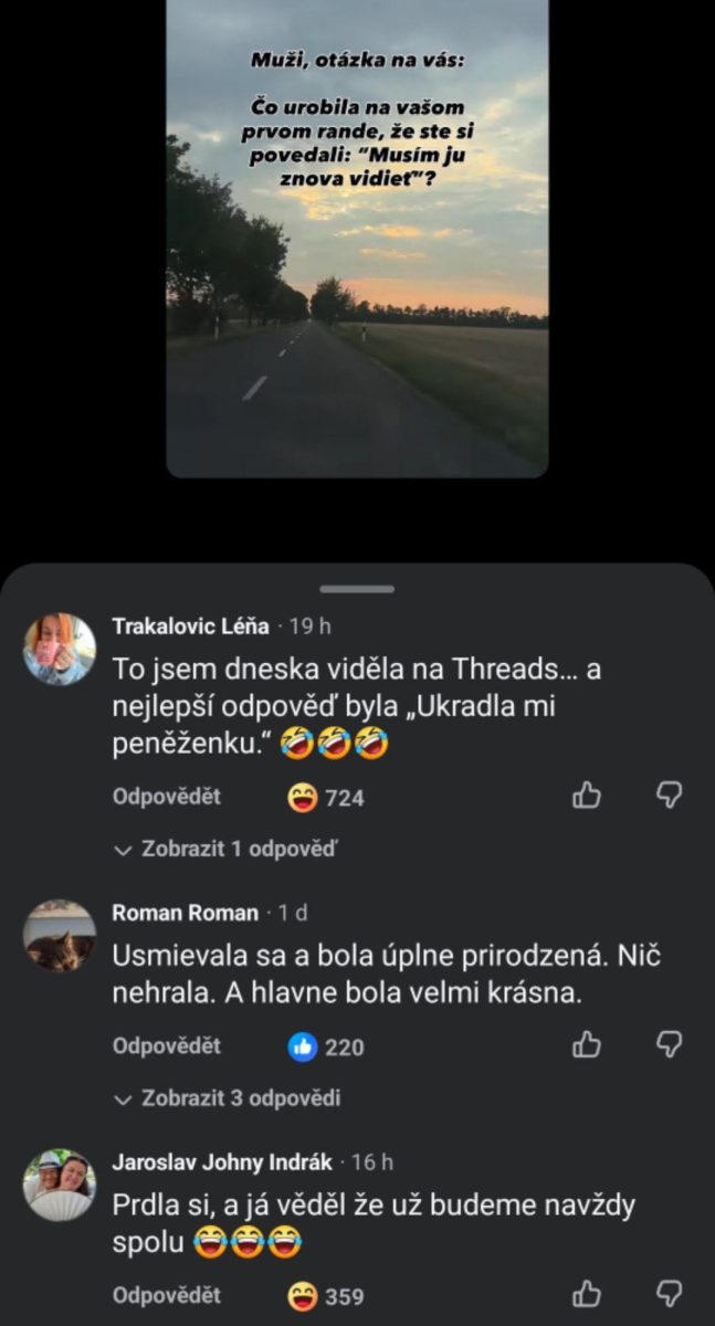 Text na obrázku žiada mužov, čo na prvom rande spôsobilo, že chcú vidieť ženu znova. Ďalší text obsahuje vtipné reakcie.