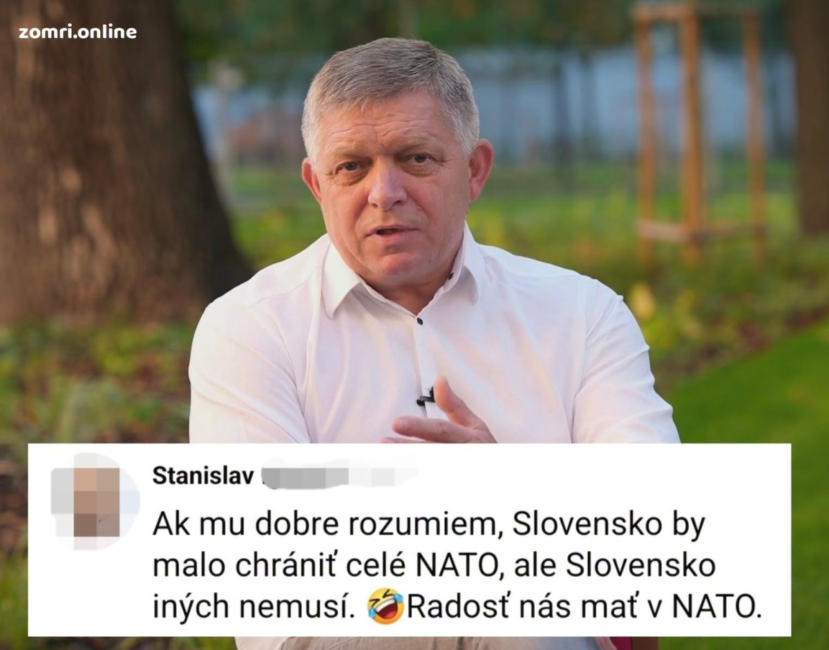 Osoba v bielej košeli hovorí na tému Slovensko a NATO, s irónickým komentárom na pozadí.