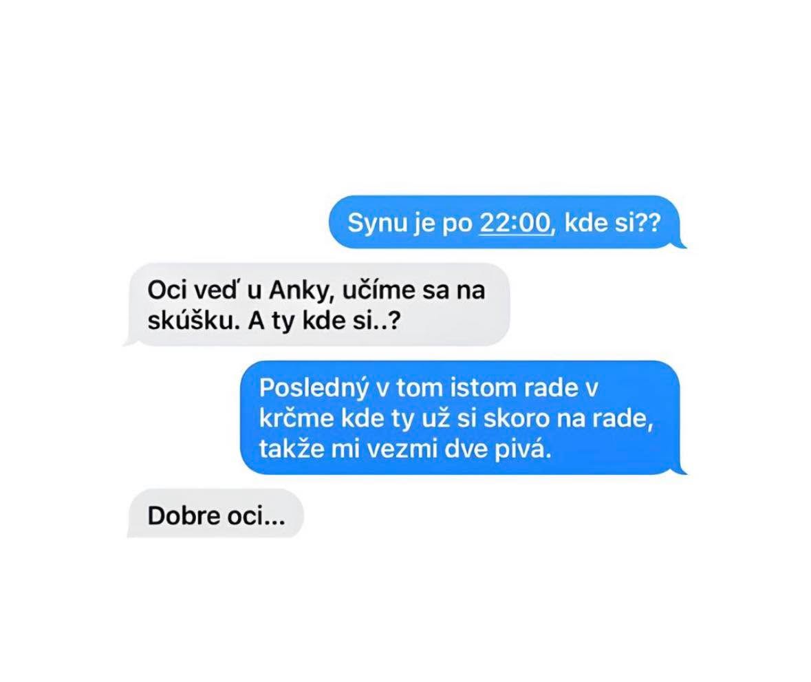 SMS konverzácia medzi otcom a synom o čase po 22:00, humorná odpoveď na umiestnenie v krčme.